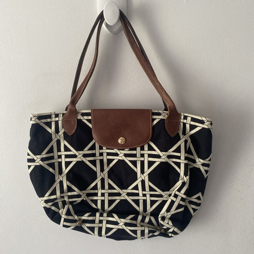 Longchamp Black And White Lattice Geometric Graphic Print Fabric Tote
